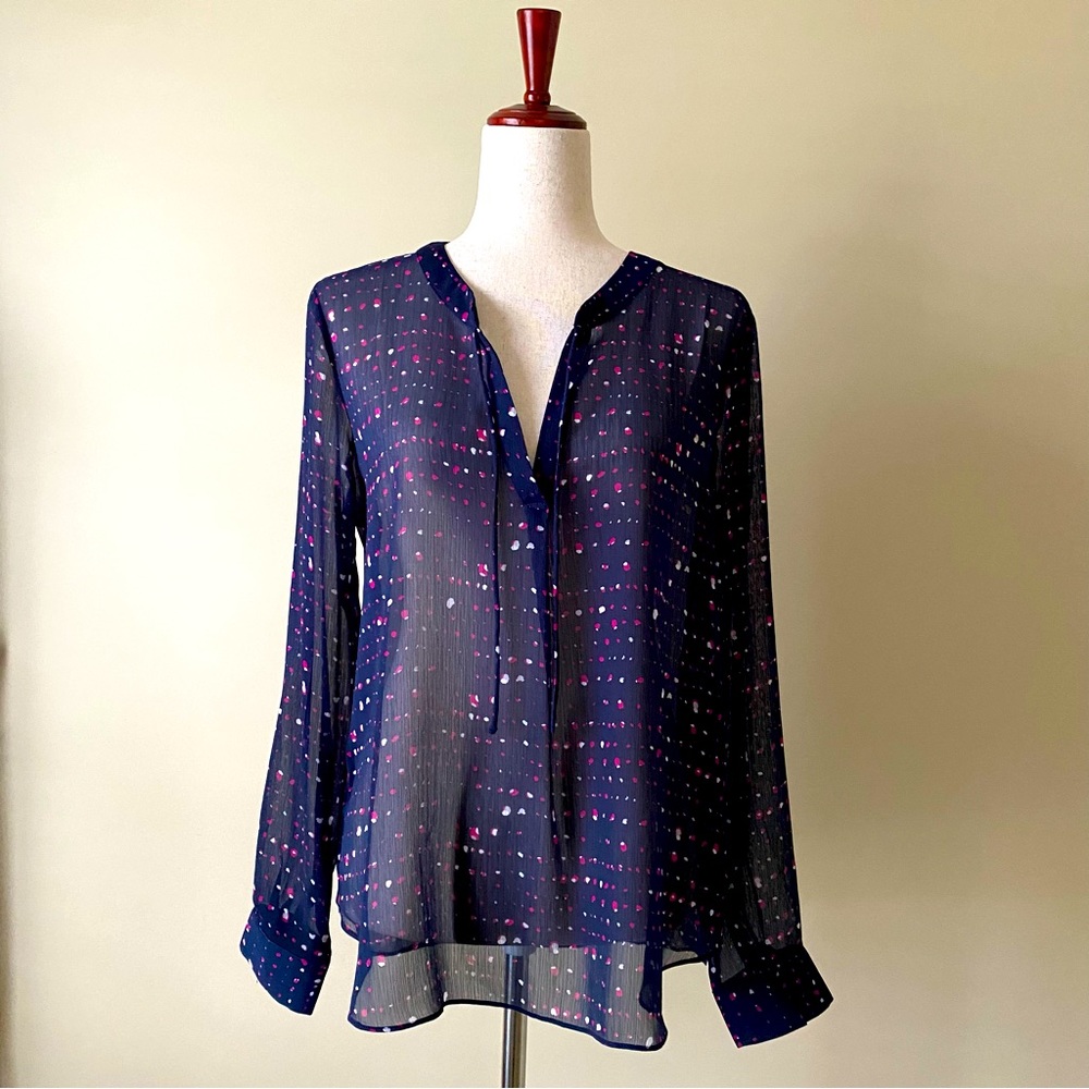 Banana Republic- Sheer Top Navy with Pink and White Pattern Long Sleeve. Size M